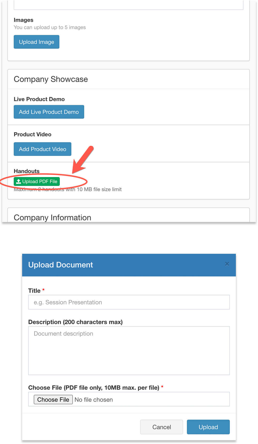 Upload handouts inside the exhibitor form