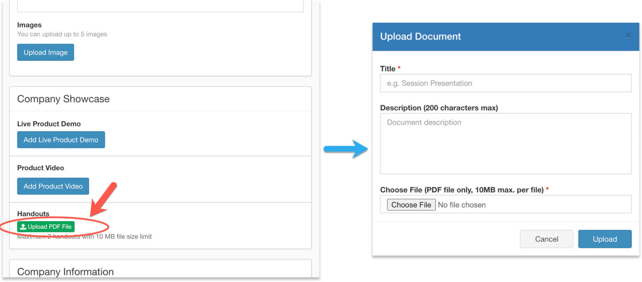 Upload handouts inside the exhibitor form