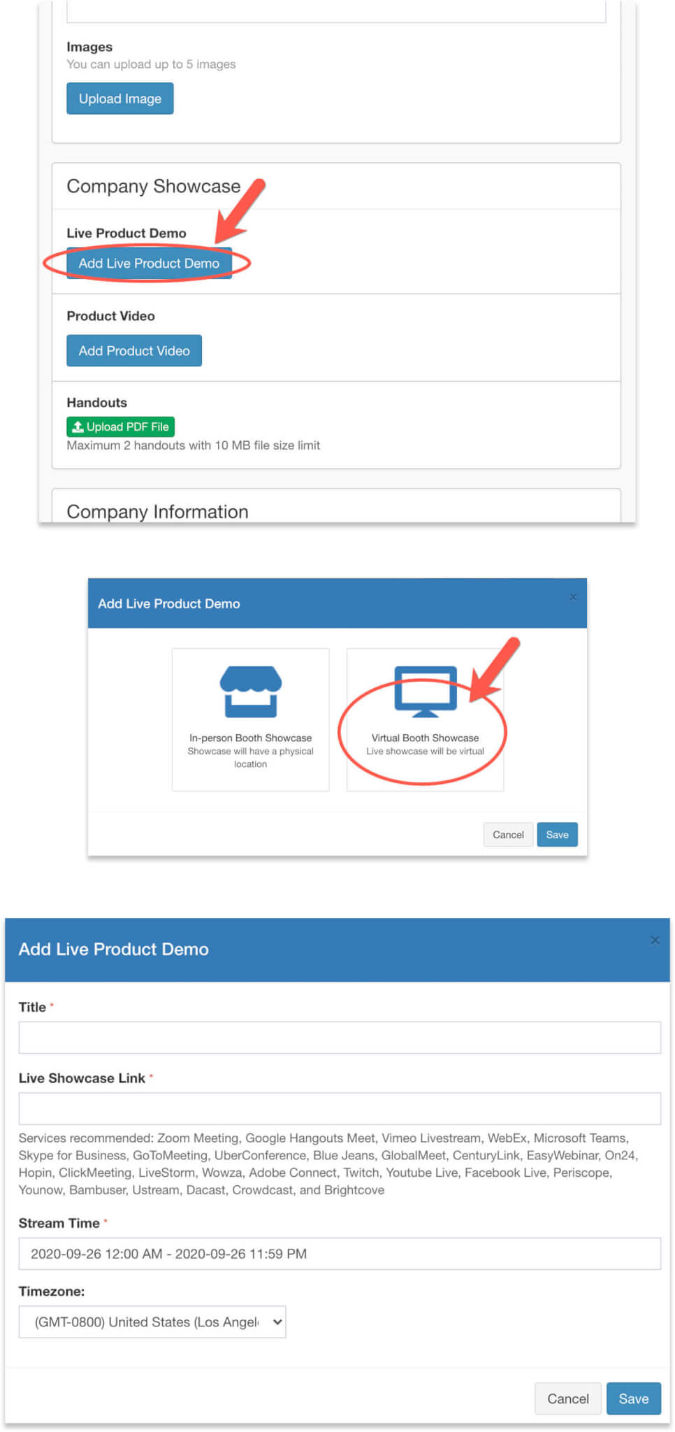 Add live product demo links through the exhibitor form