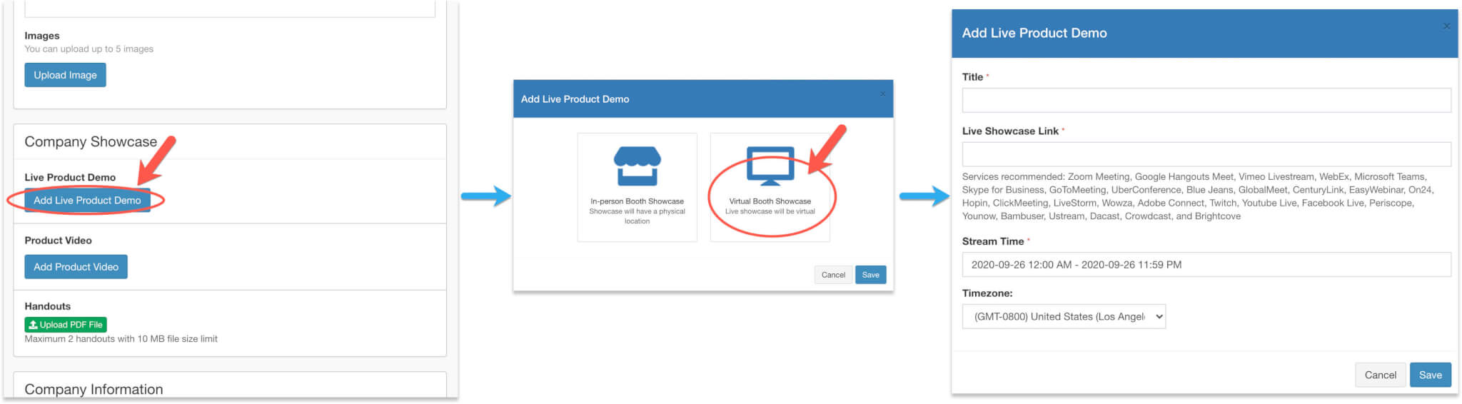 Add live product demo links through the exhibitor form