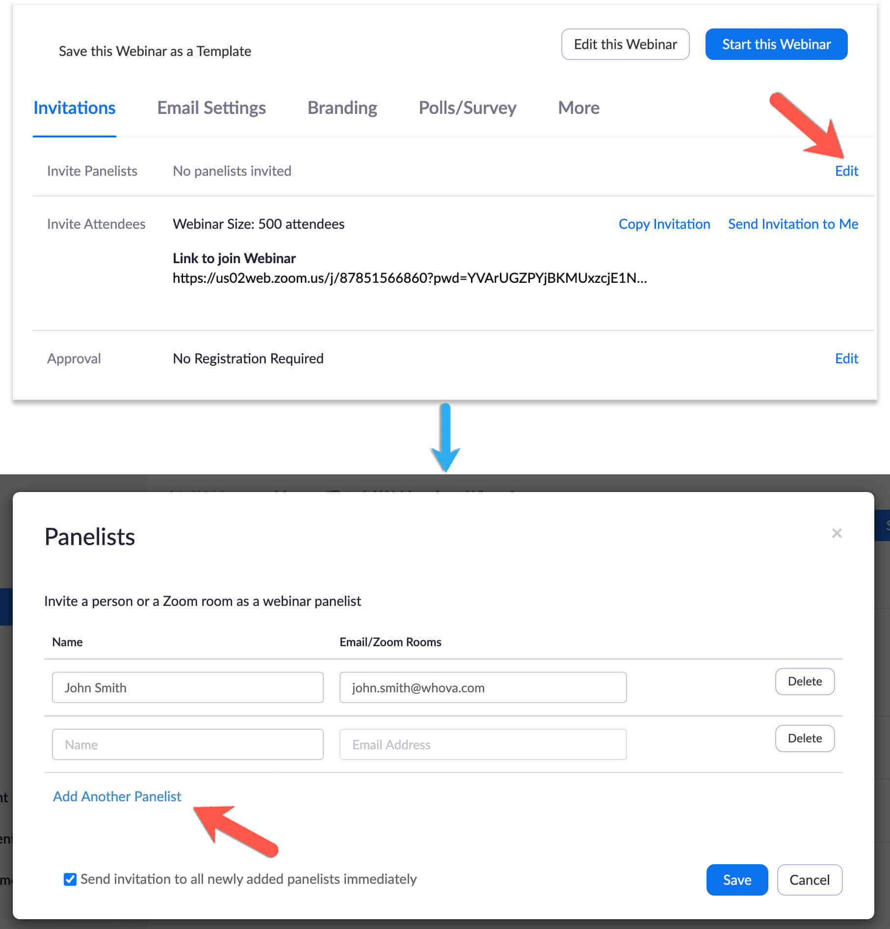 Click edit under the webinar settings and add another panelist