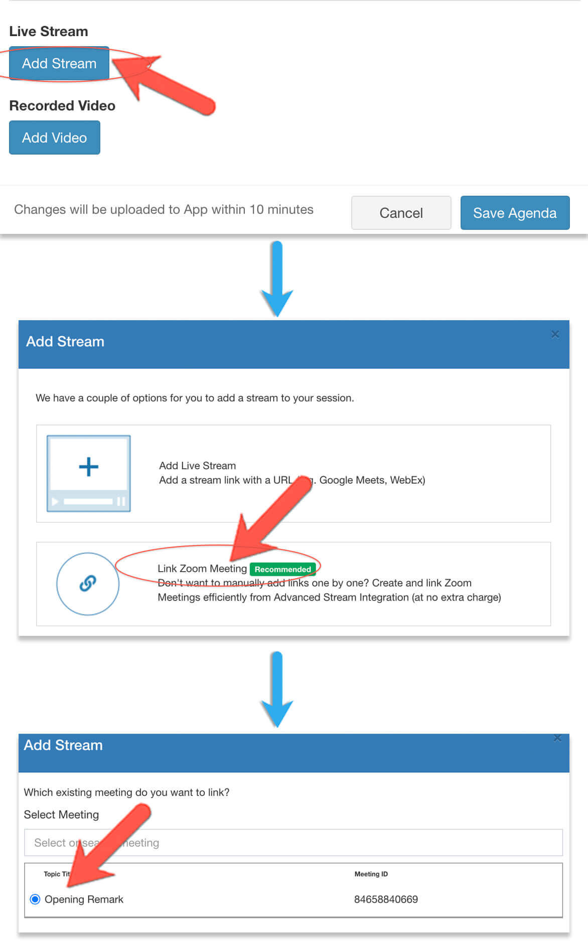 To add into session, click Add Stream when editing the session and link Zoom meeting