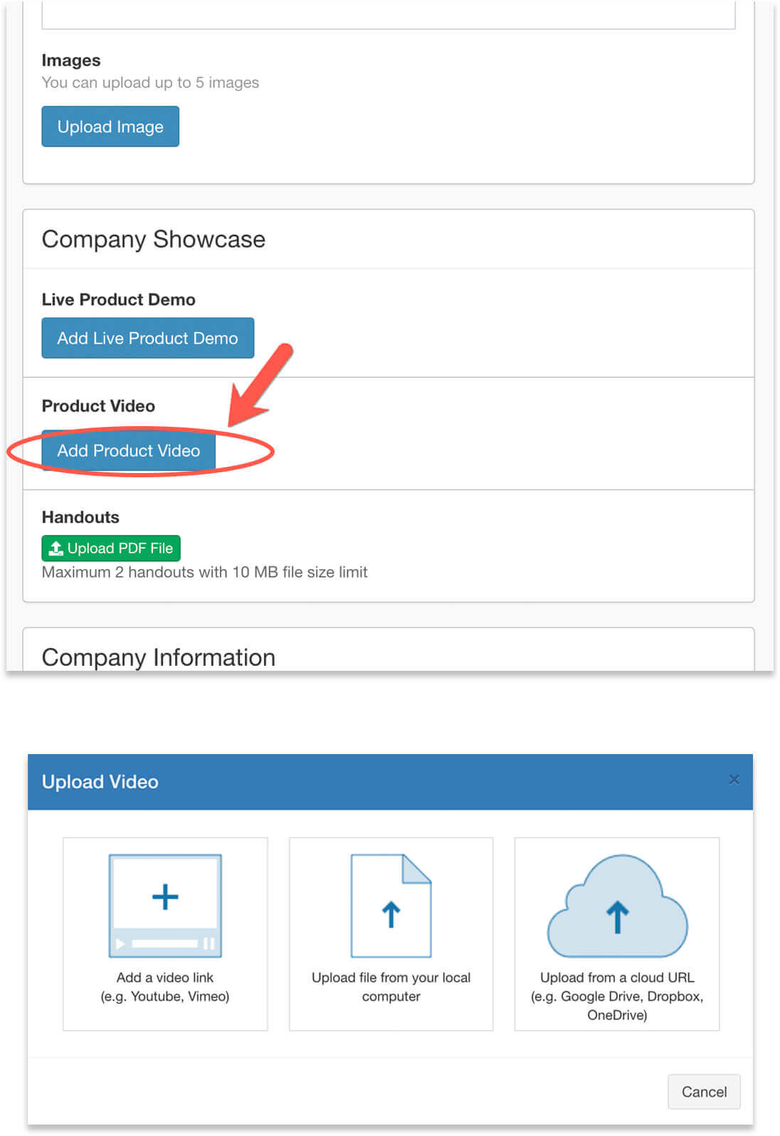 Upload product videos using the exhibitor form
