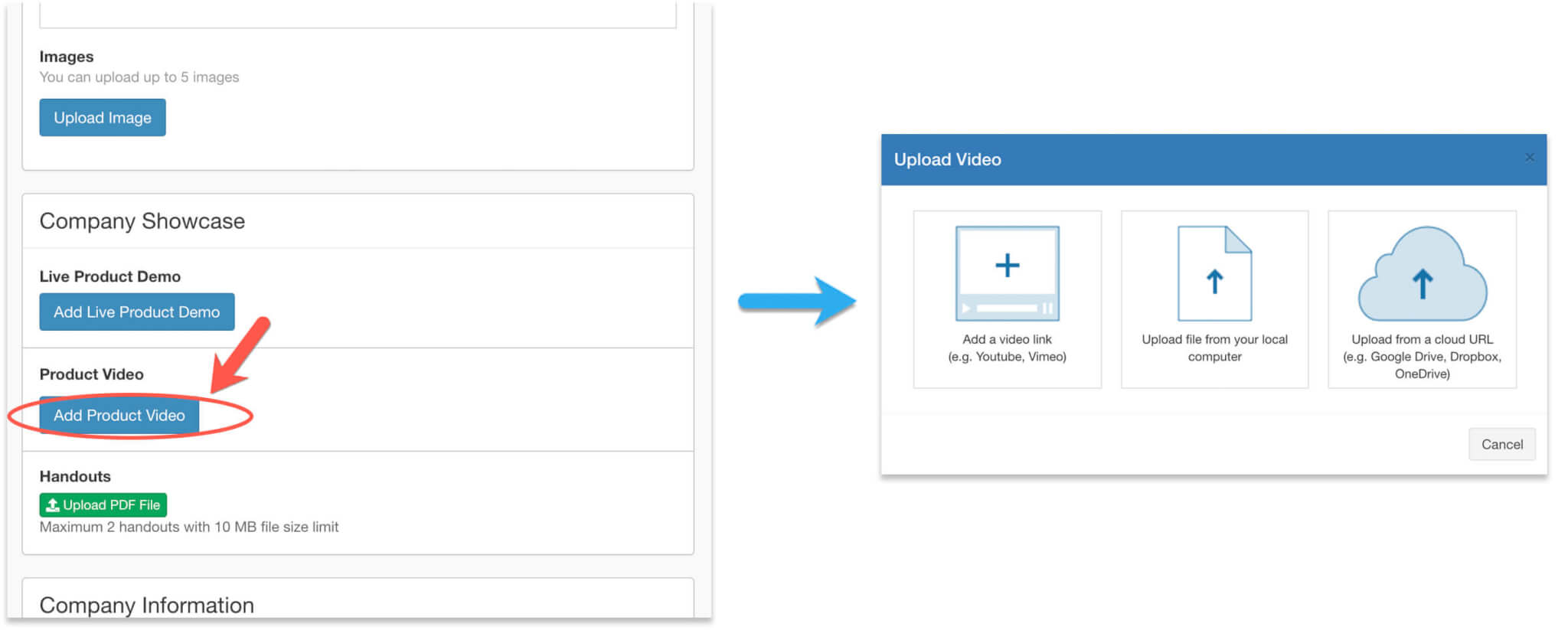 Upload product videos using the exhibitor form
