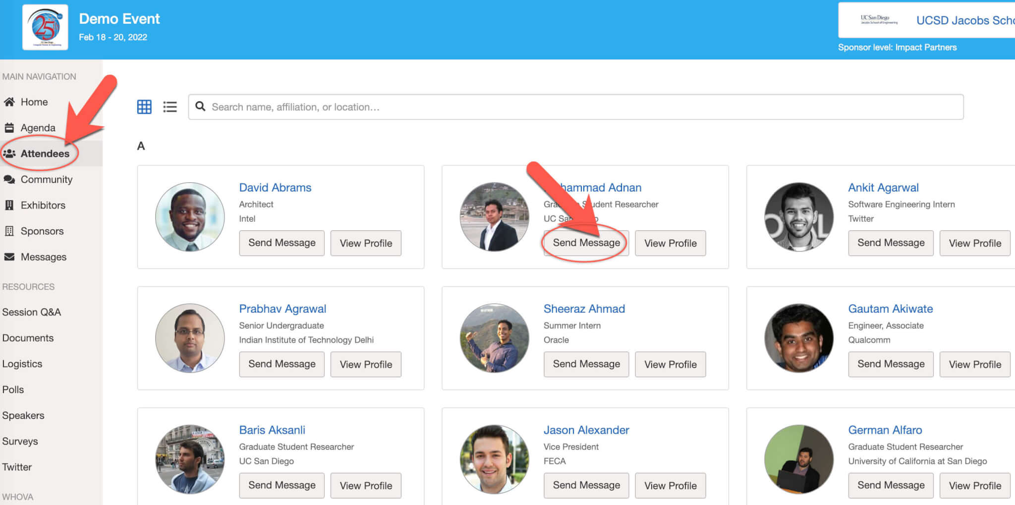 On webapp, click Attendees on left sidebar and send messages to each attendee