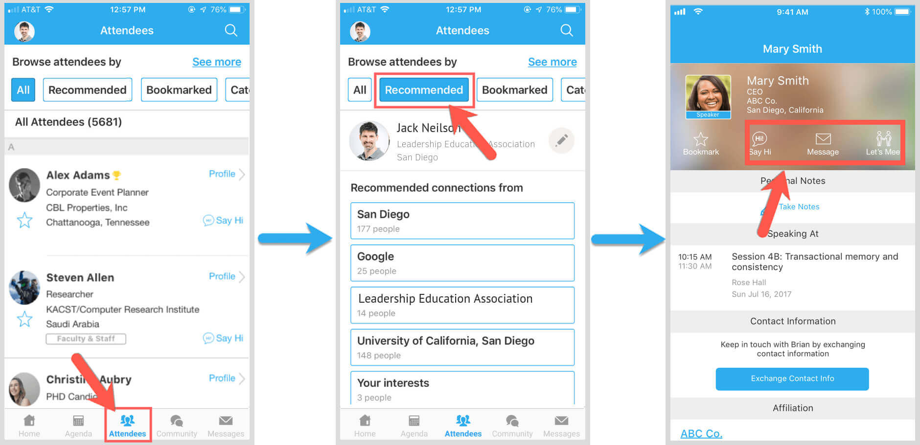 On mobile app, view attendees under Attendees tab and click on profiles to interact with them