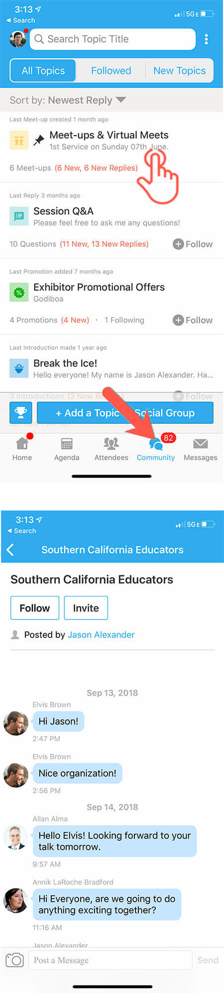 Use the Community tab to send messages in discussion topics