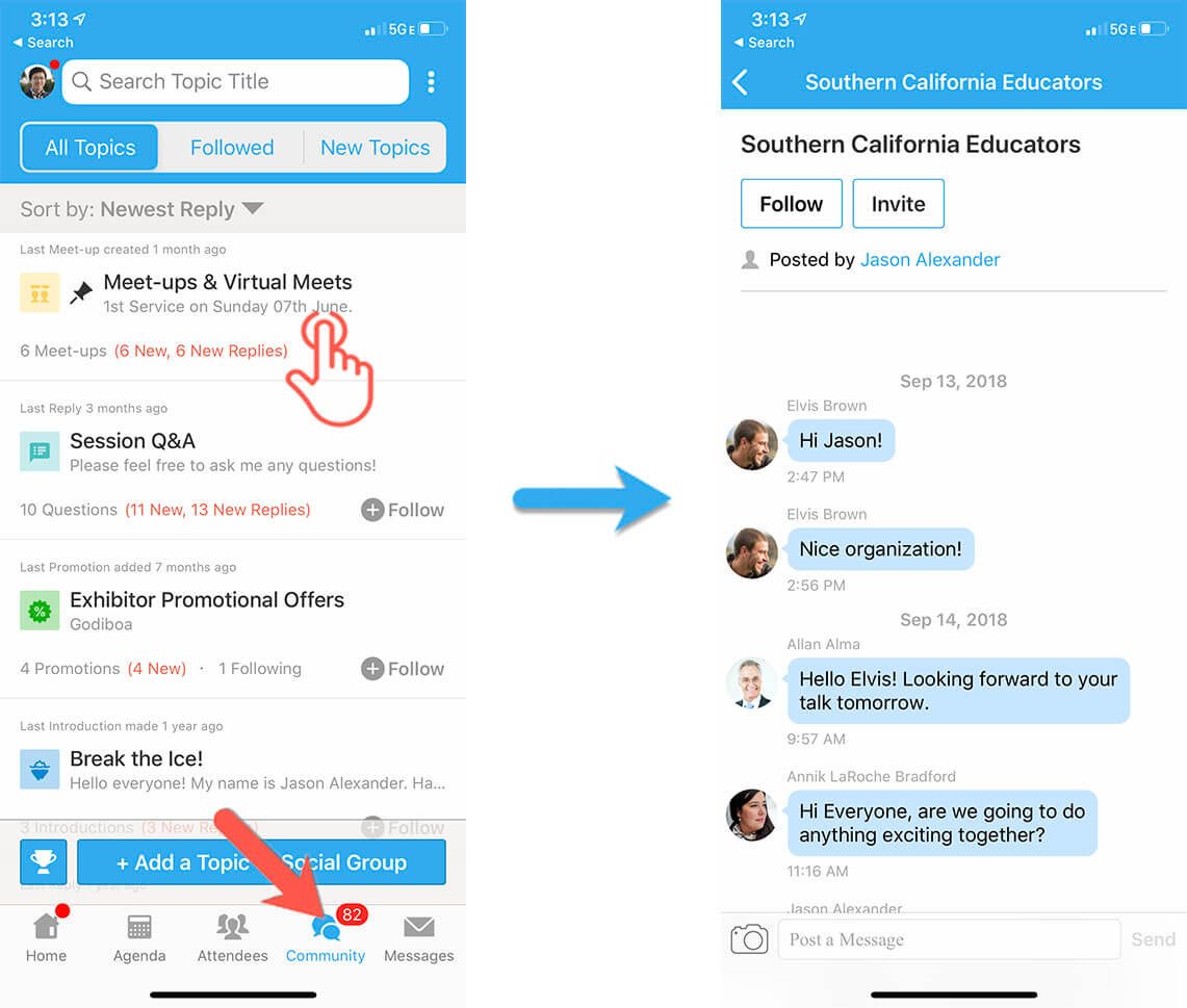 Use the Community tab to send messages in discussion topics