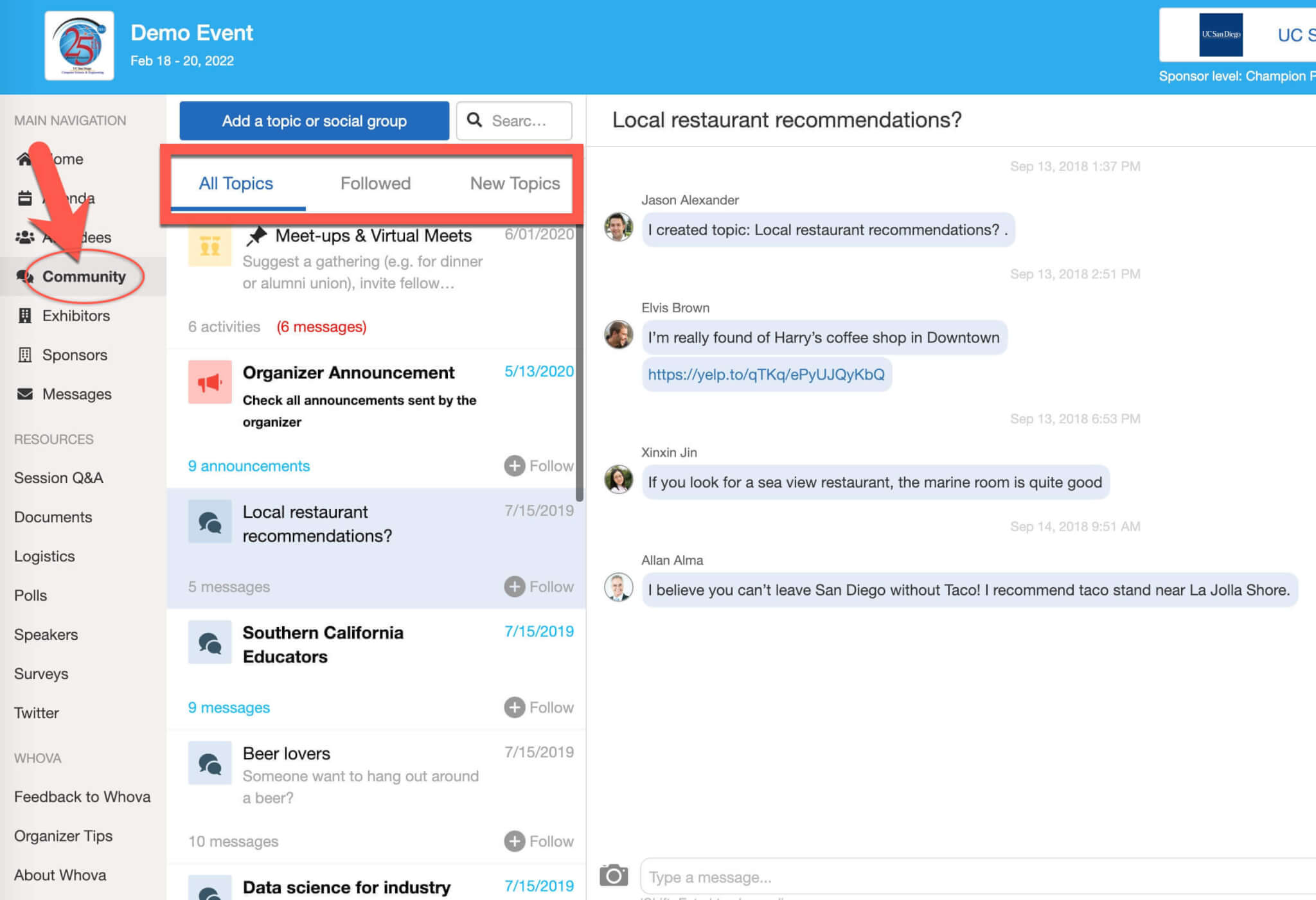 Use Community tab on left sidebar to access different discussion topics