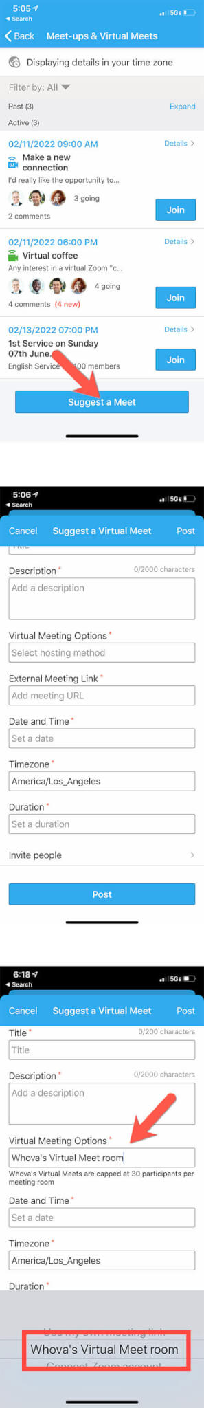 In Meet-ups & Virtual Meets topic, click Suggest a Meet and fill in information to create a new meetup