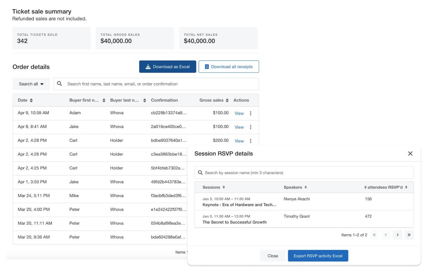 Whova event ticket sales and session rsvp