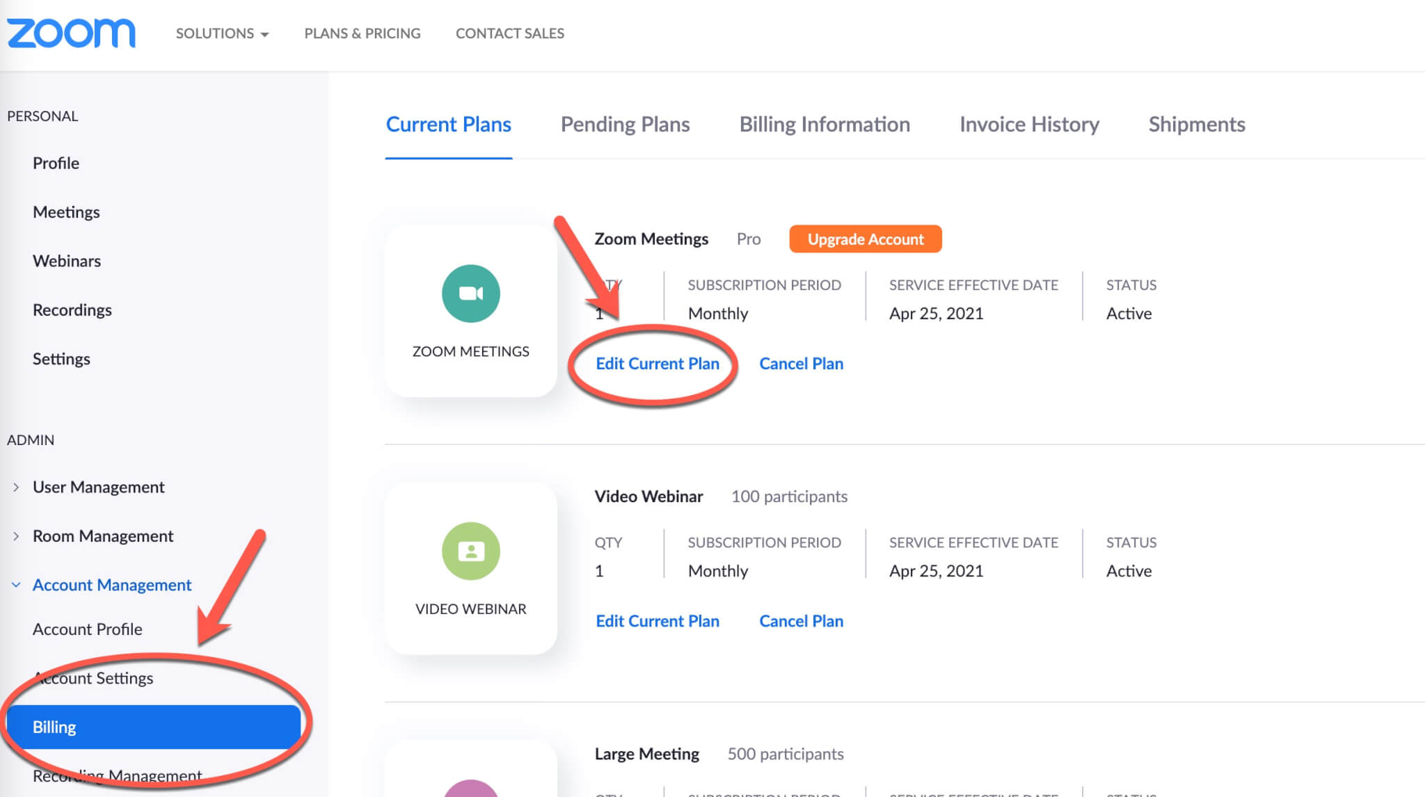On Zoom main menu, go to Billing and click Edit Current plan