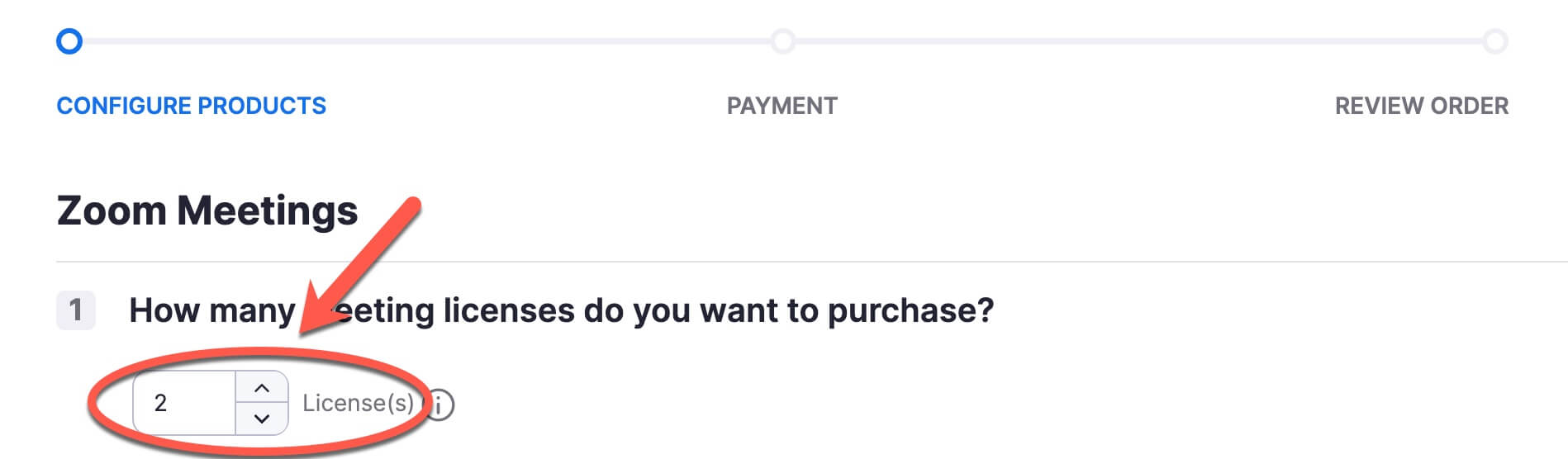 Adjust the number of licenses to make the order