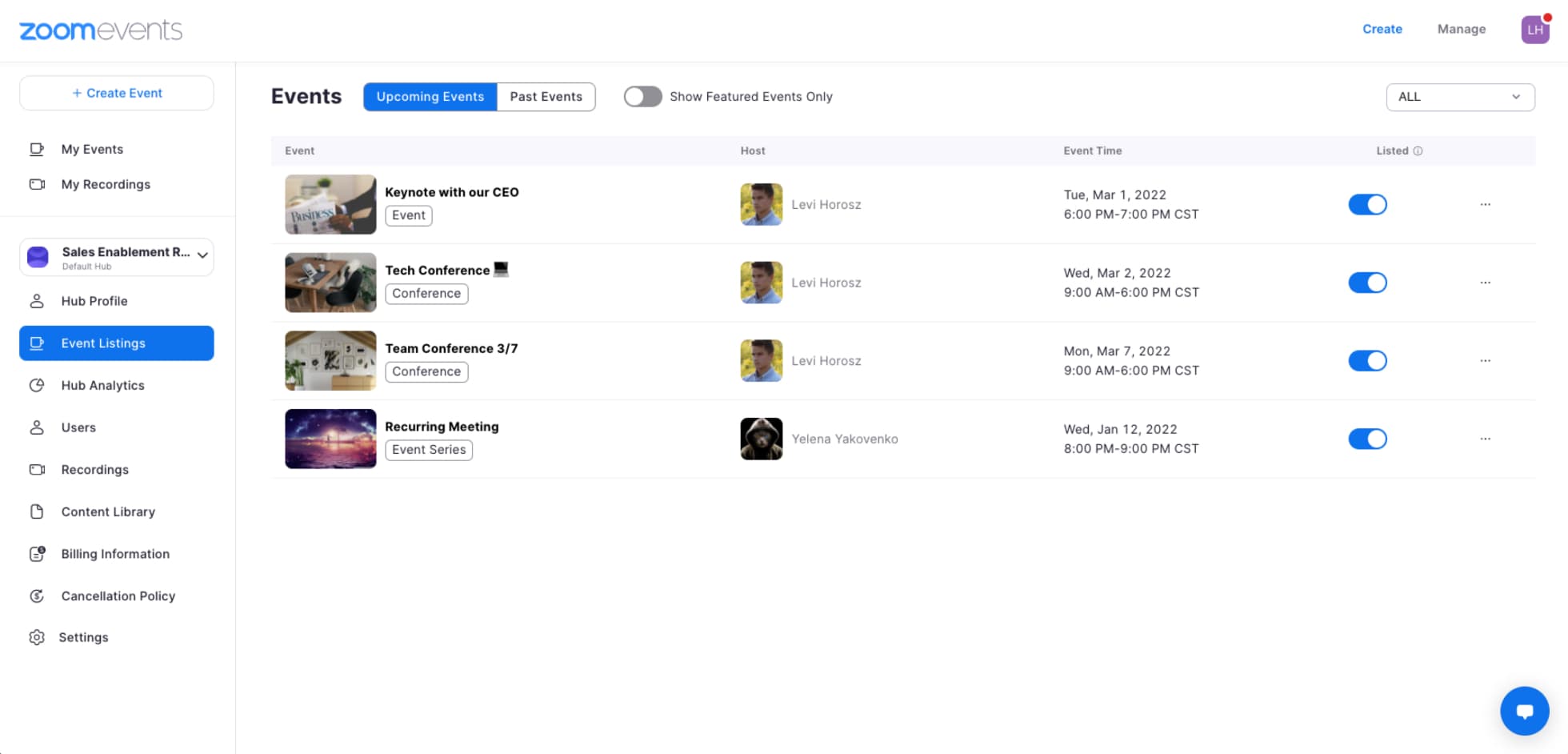 Zoom Events event list hub