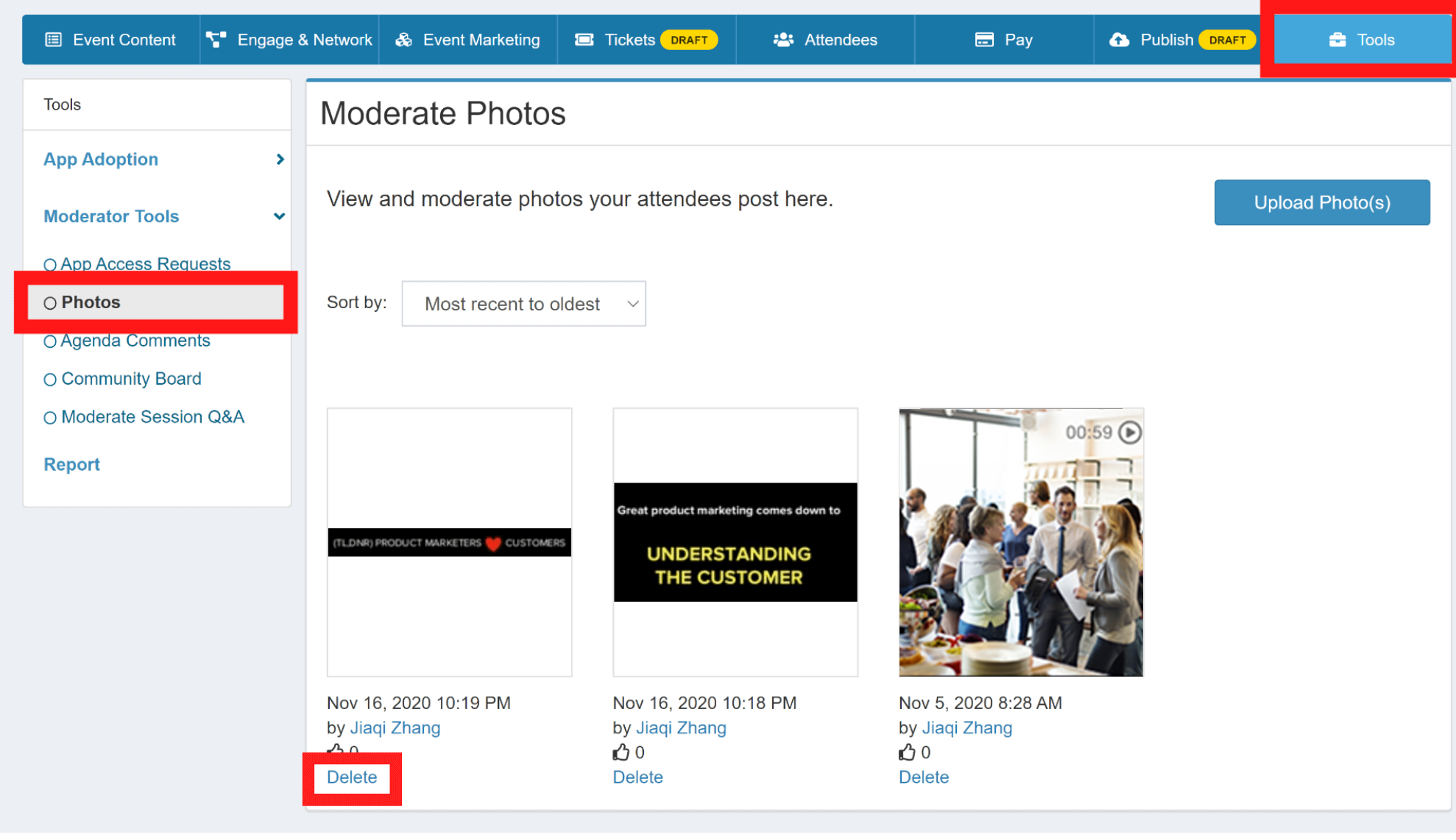 Delete photos in the Photos page under the Tools tab on Organizer Dashboard