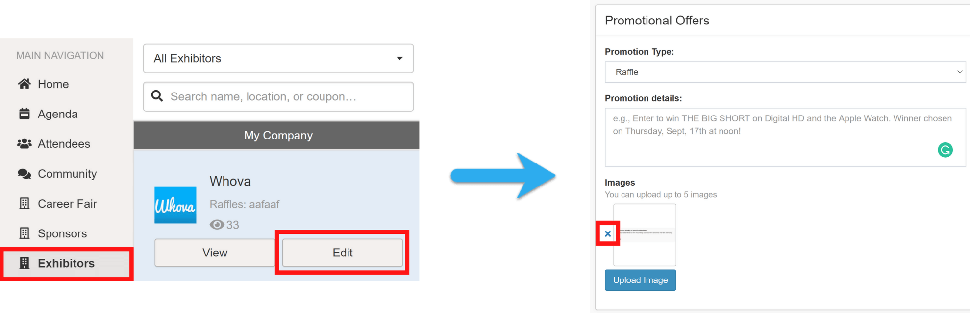 On web portal, click Edit on the exhibitor profile and click X next to image or video to delete