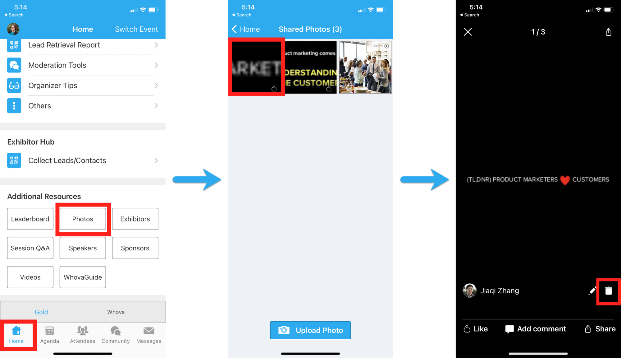 On mobile app, click on desired photo inside the Photos page and click trash icon to delete