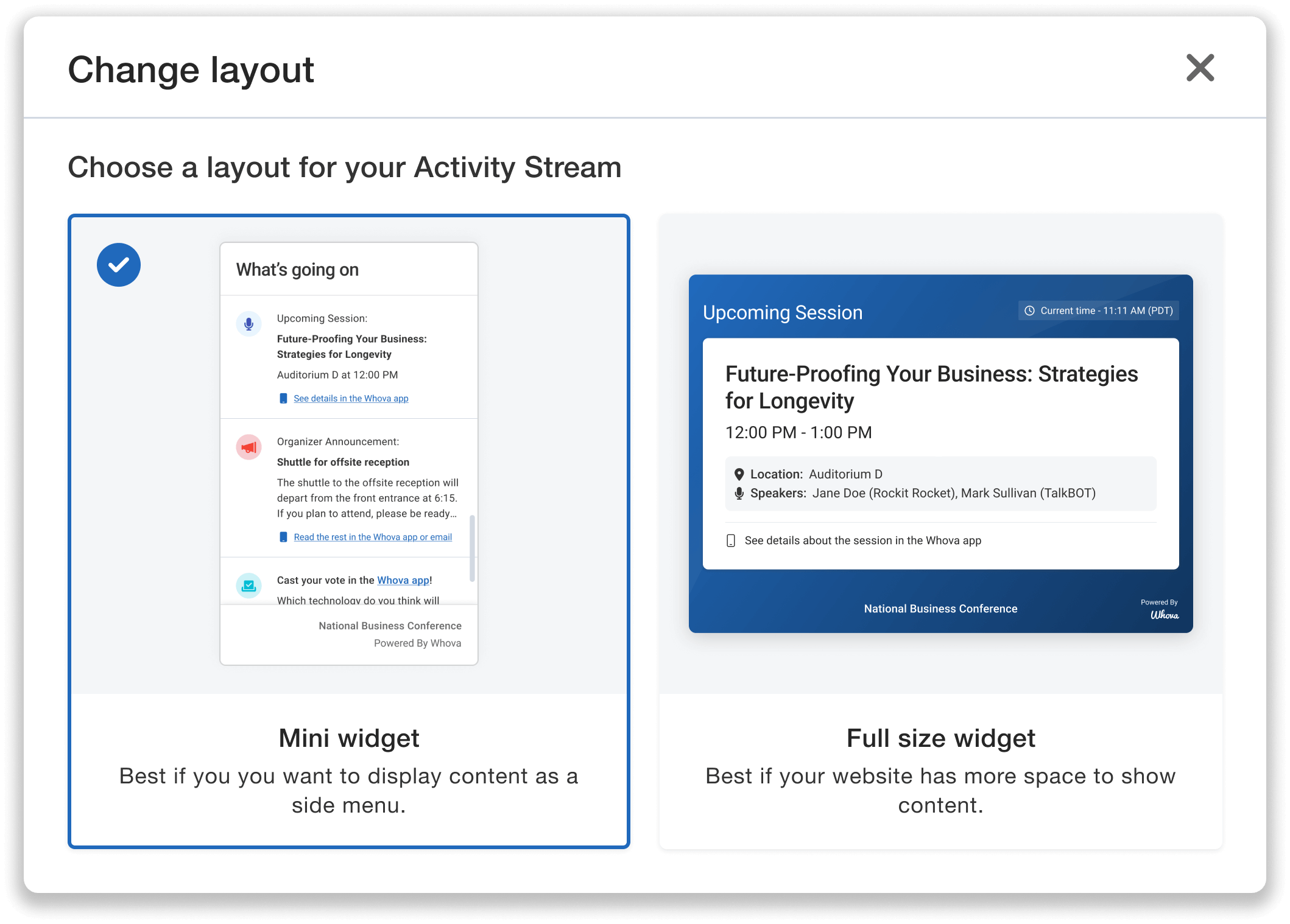 Activity stream layout options.