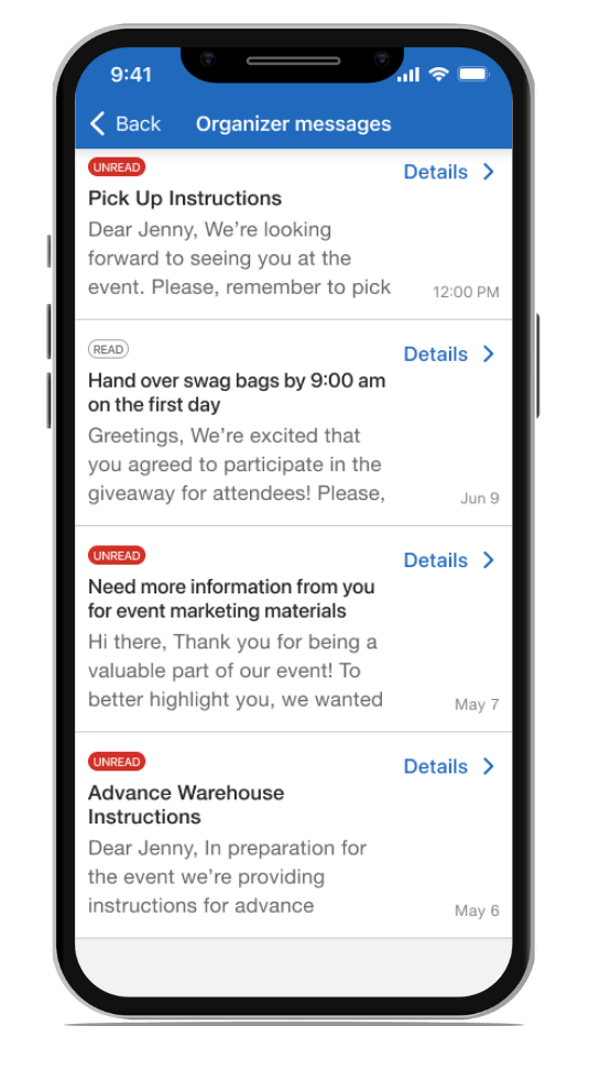 List of organizer messages for exhibitors