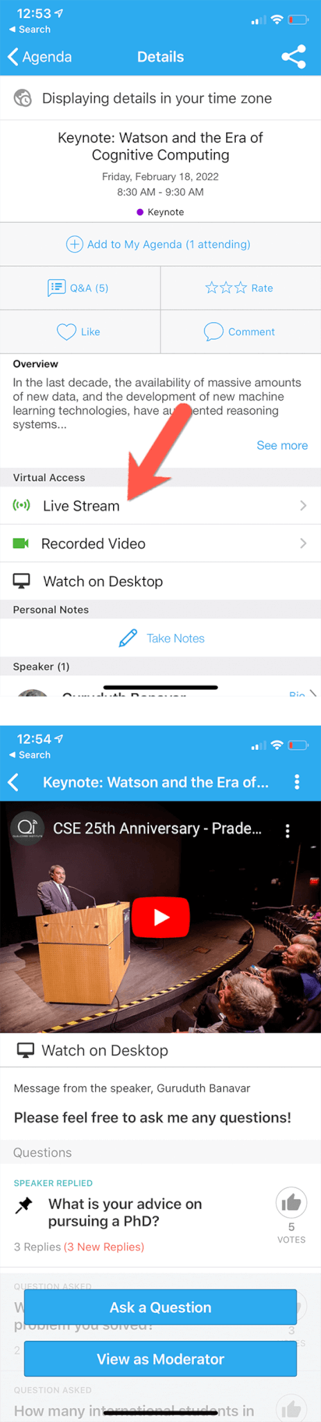 Click Livestream inside session page to watch livestream video