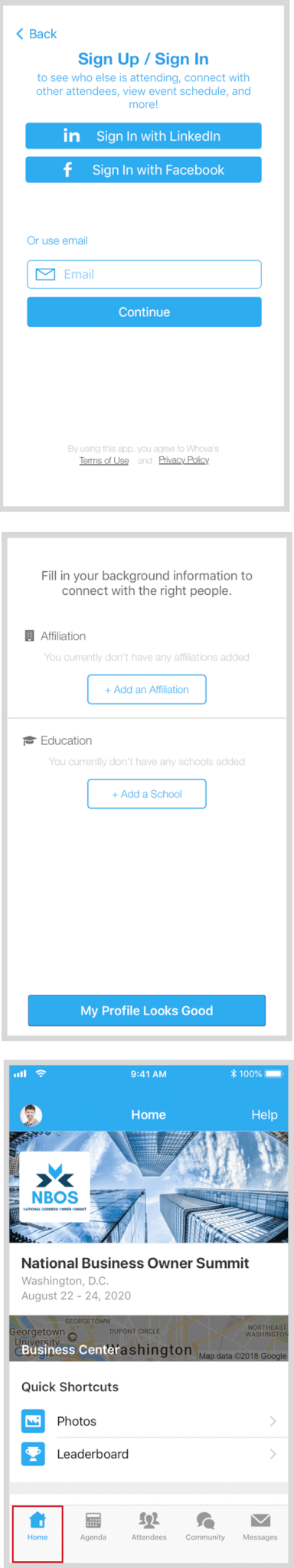 Signing in into Whova app will lead you to your event page. Visualizes previous steps.