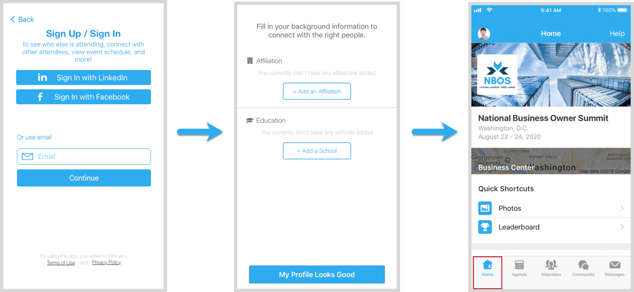 Signing in into Whova app will lead you to your event page. Visualizes previous steps.