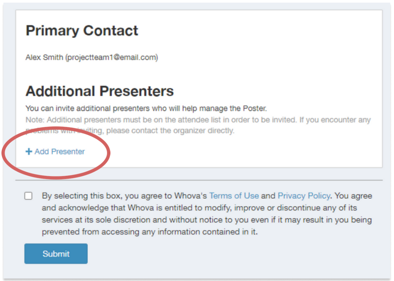 Click Add Presenter inside the artifact personal form to add additional presenters