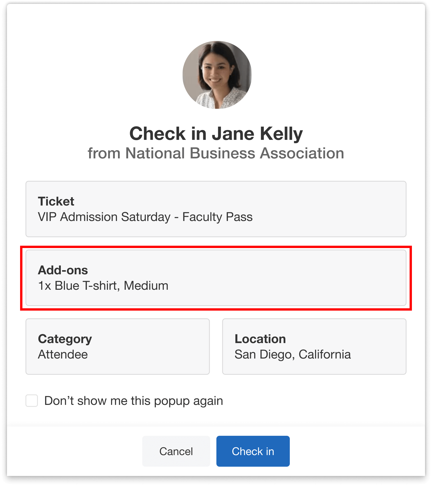 Check in pop-up with the attendee's add-ons specified.