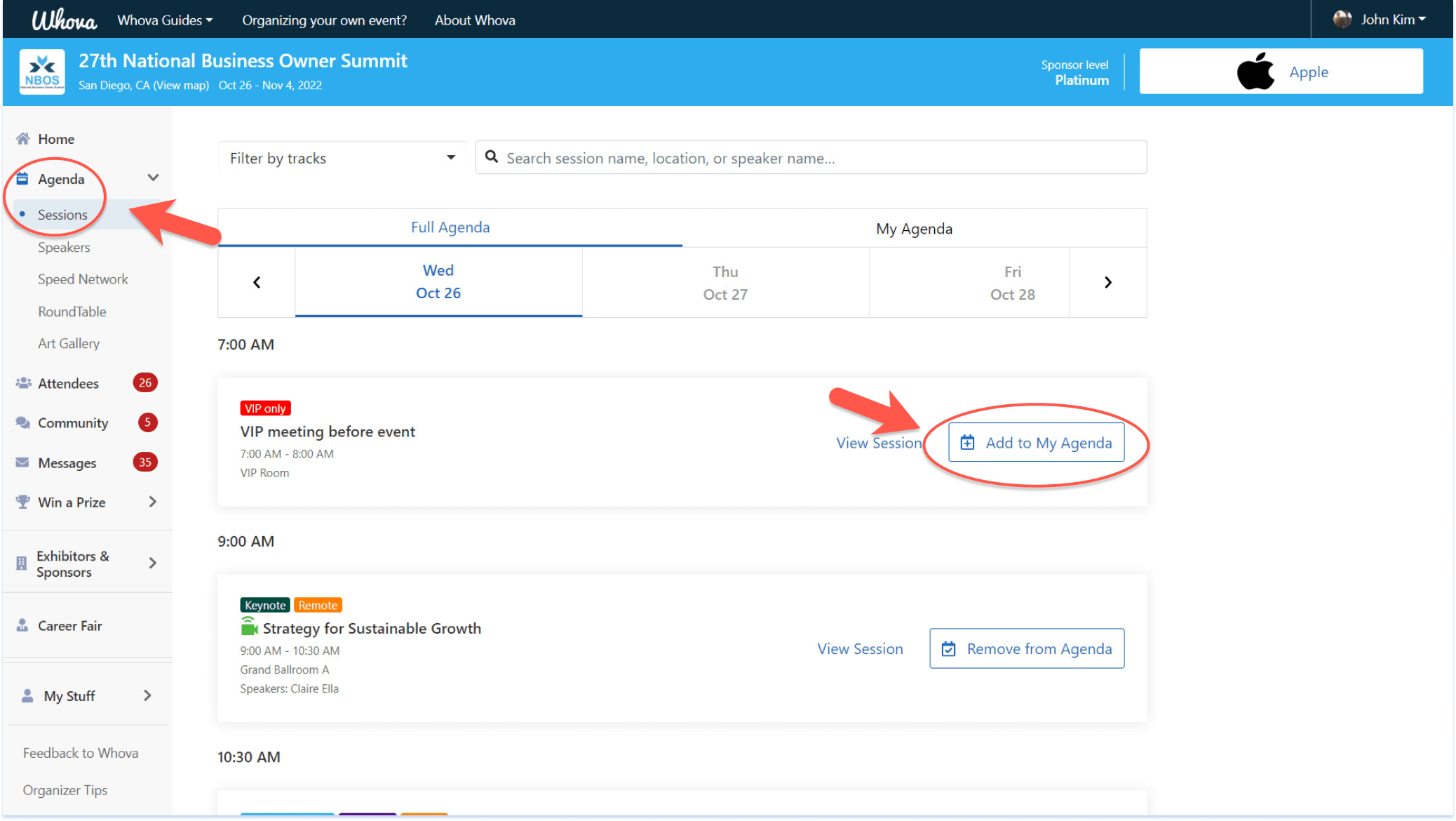 Add agenda sessions under the Agenda tab in the webapp