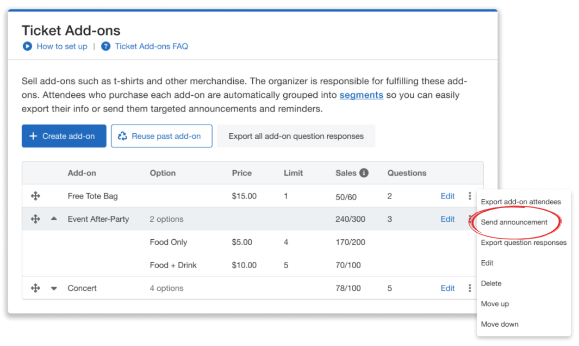 Send announcements to specific ticket add-on registrants