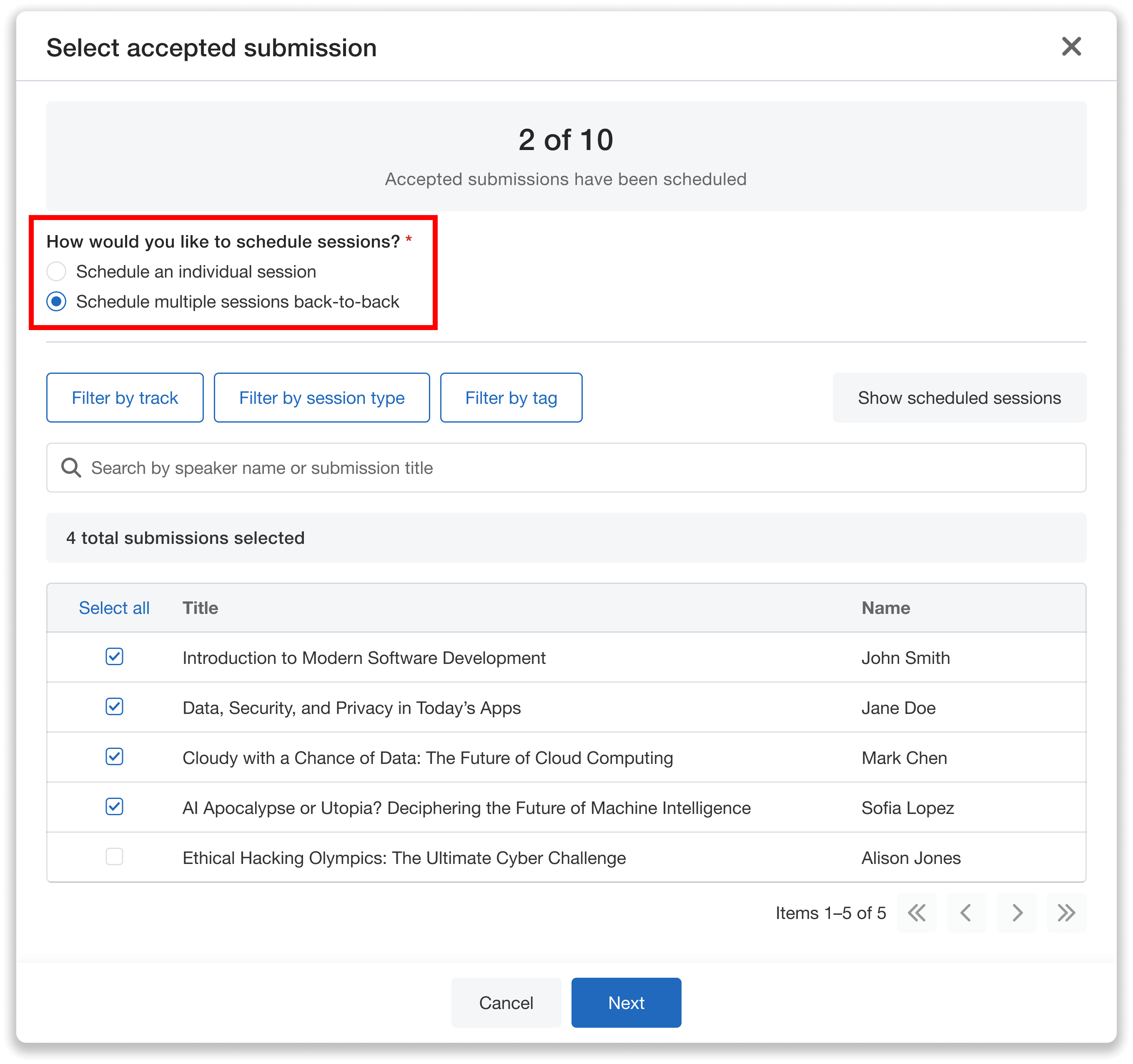 "Schedule multiple sessions back-to-back toggled."