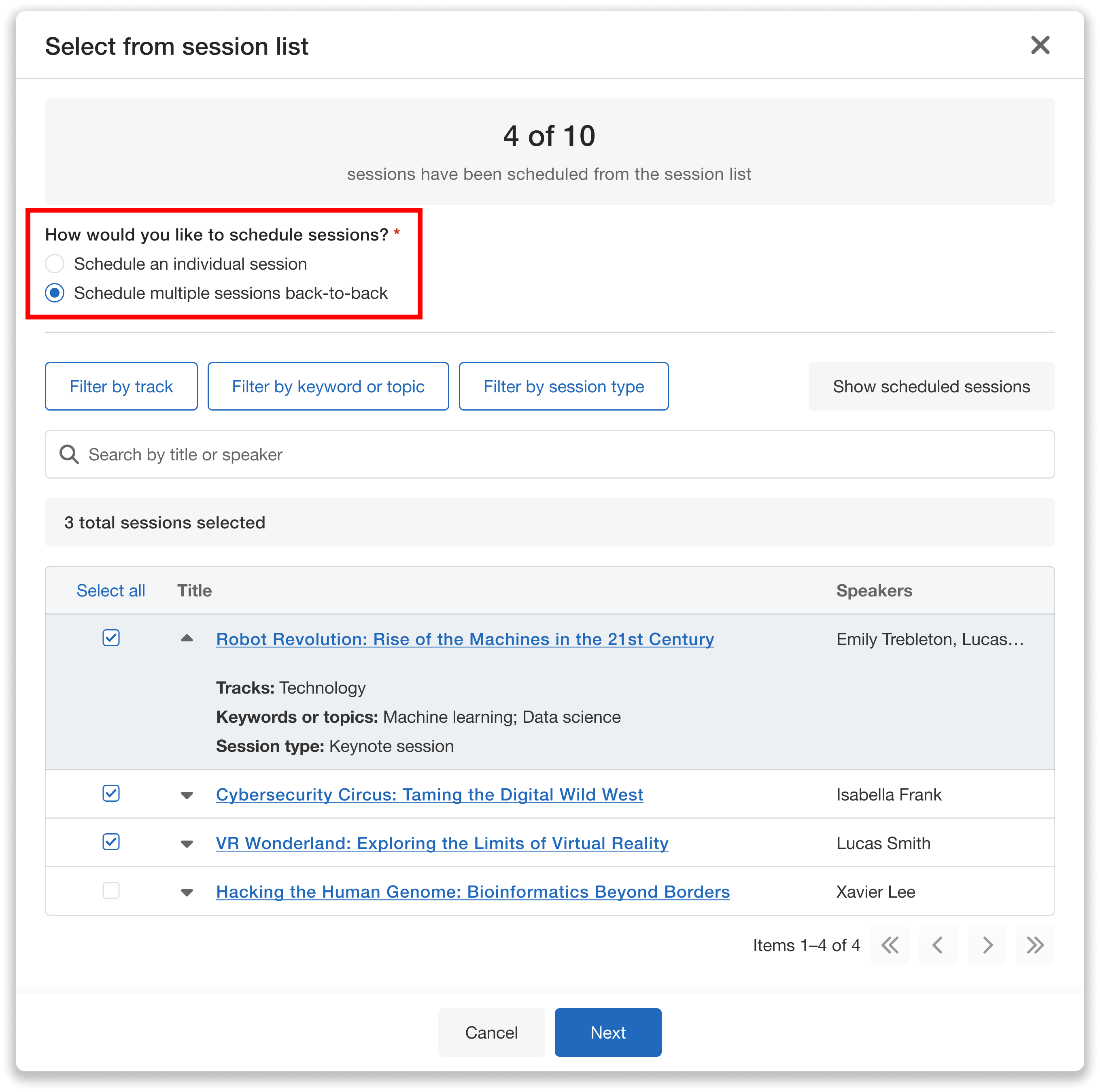 "Schedule multiple sessions back-to-back toggled."