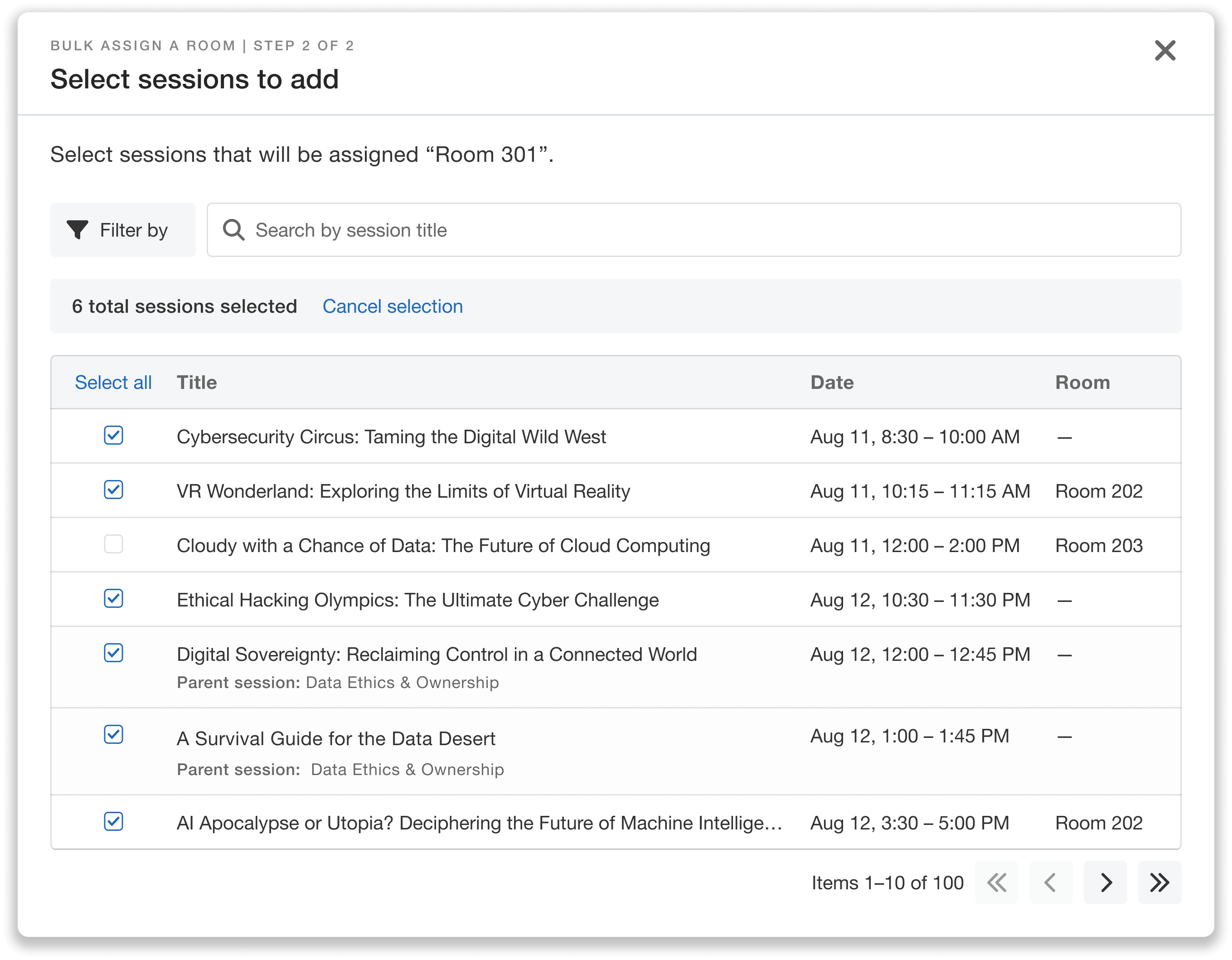 Select sessions to assign a room to.