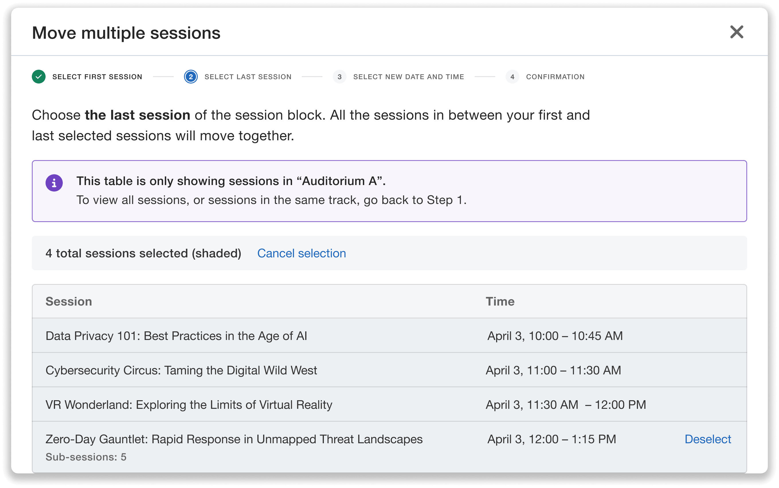 Step to choose the last session in a block to move.
