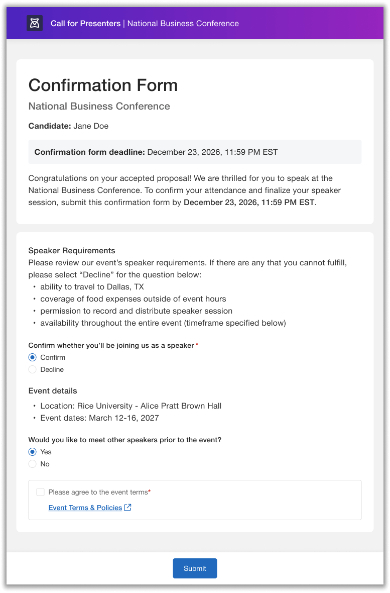 Confirmation Form where Speakers can confirm attendance and answer further questions.