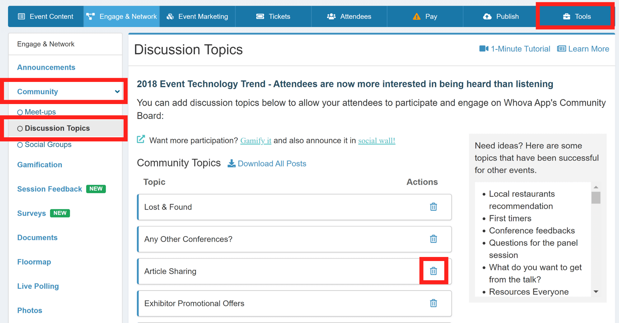 In organizer dashboard, inside discussion topics, click the trash icon to delete a community topic