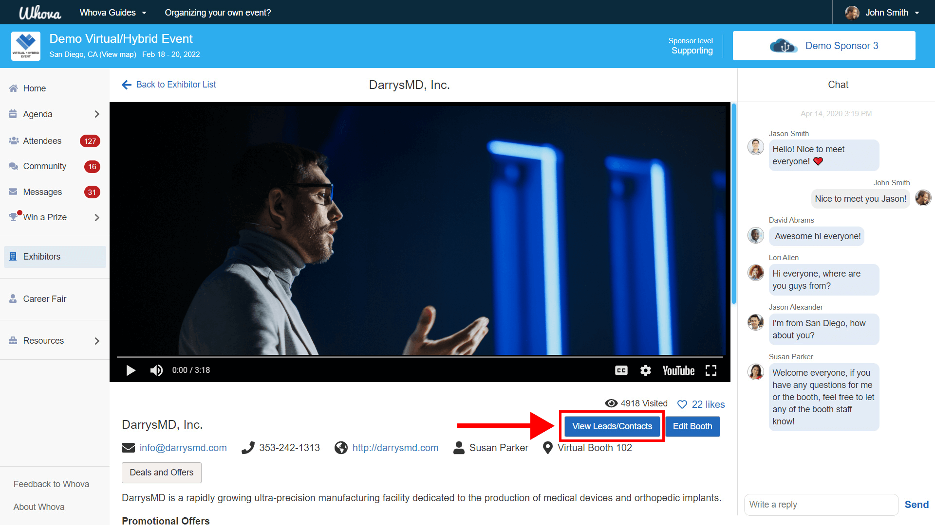 On webapp, find View Leads Contacts button inside booth profile to see collected leads