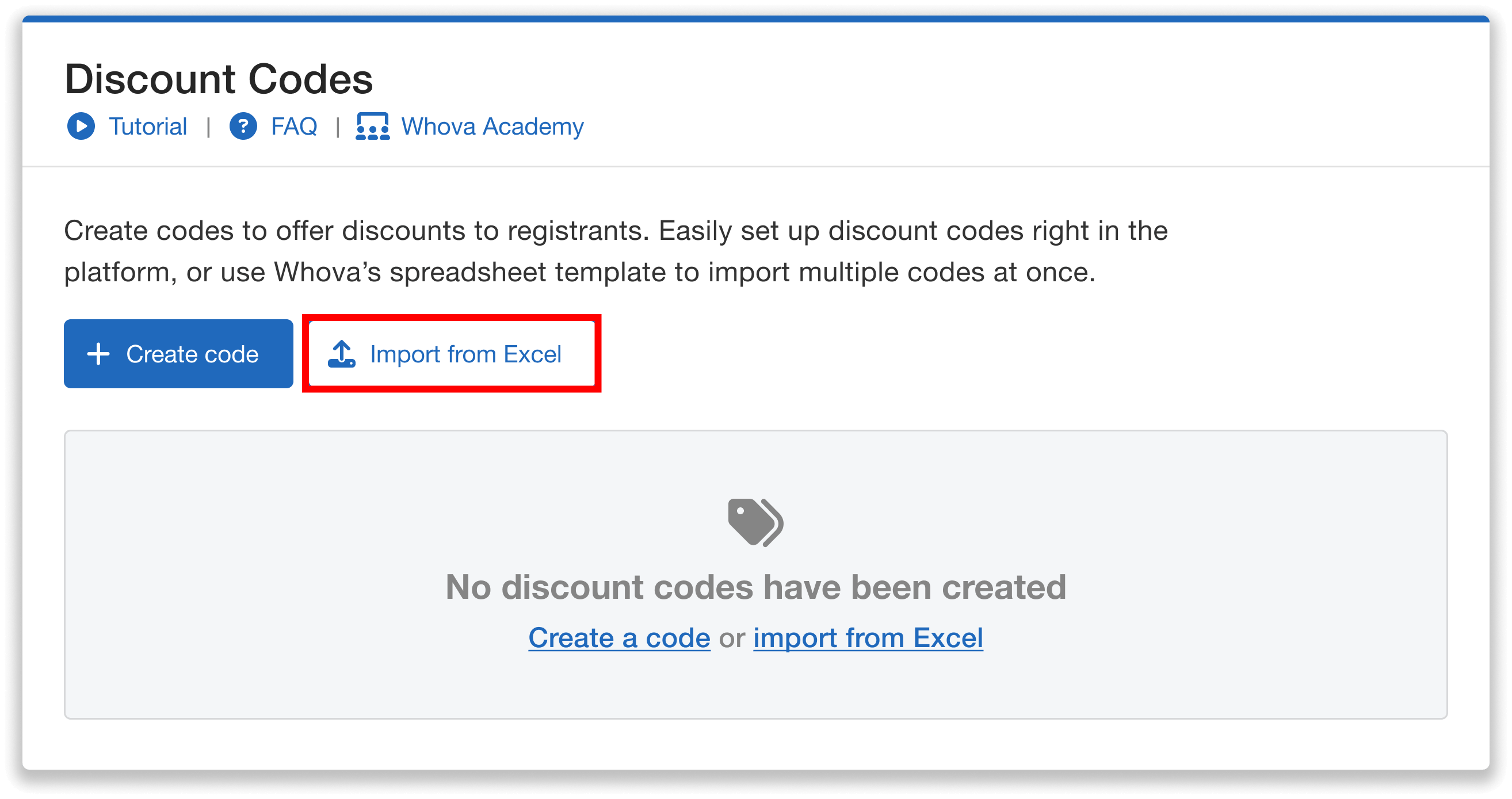 Import from Excel button for discount codes.