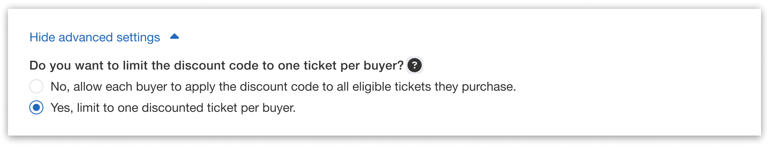 "Limit to one discounted ticket per buyer" option selected.