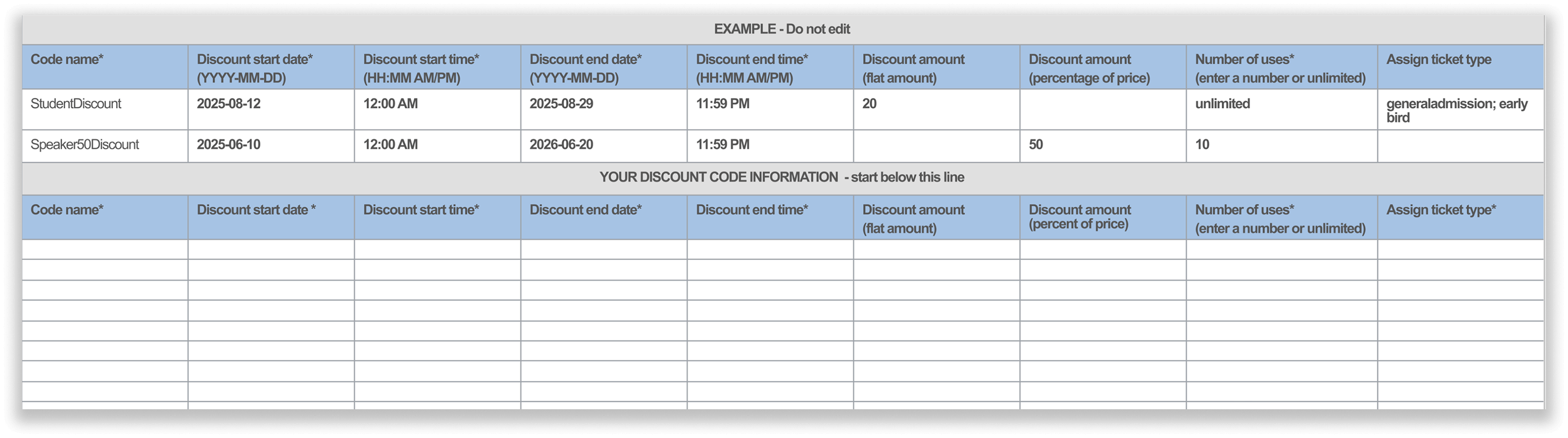 Discount code Excel template.