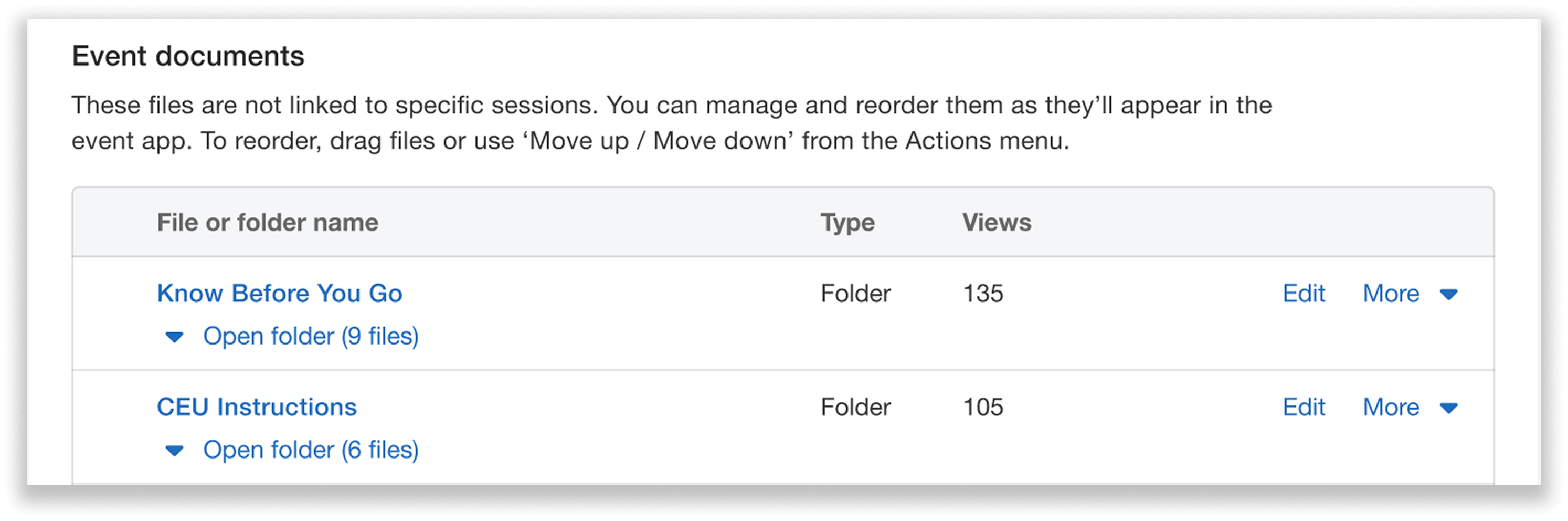 Event documents section with folders.