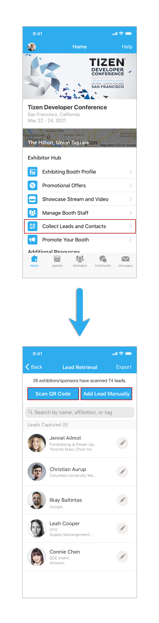 On mobile app, click Collect Leads and Contacts under the Exhibitor Hub section to add leads manually or through QR code