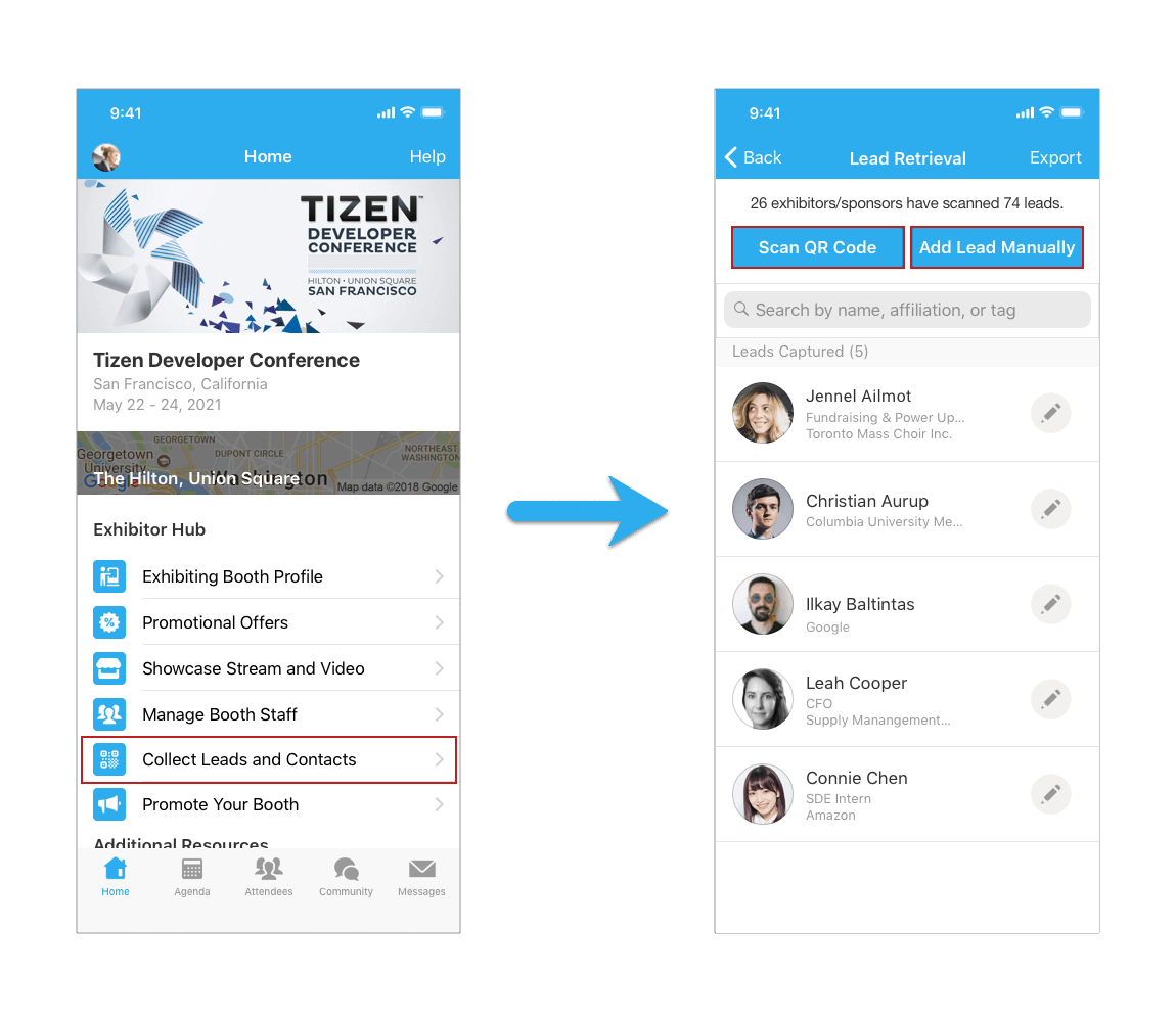 On mobile app, click Collect Leads and Contacts under the Exhibitor Hub section to add leads manually or through QR code