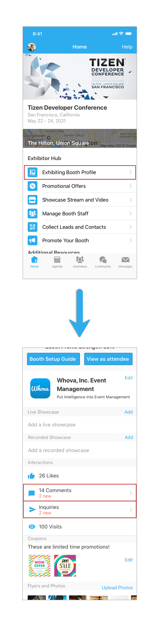 On mobile app, inside the booth profile, click Comments or Inquiries to chat