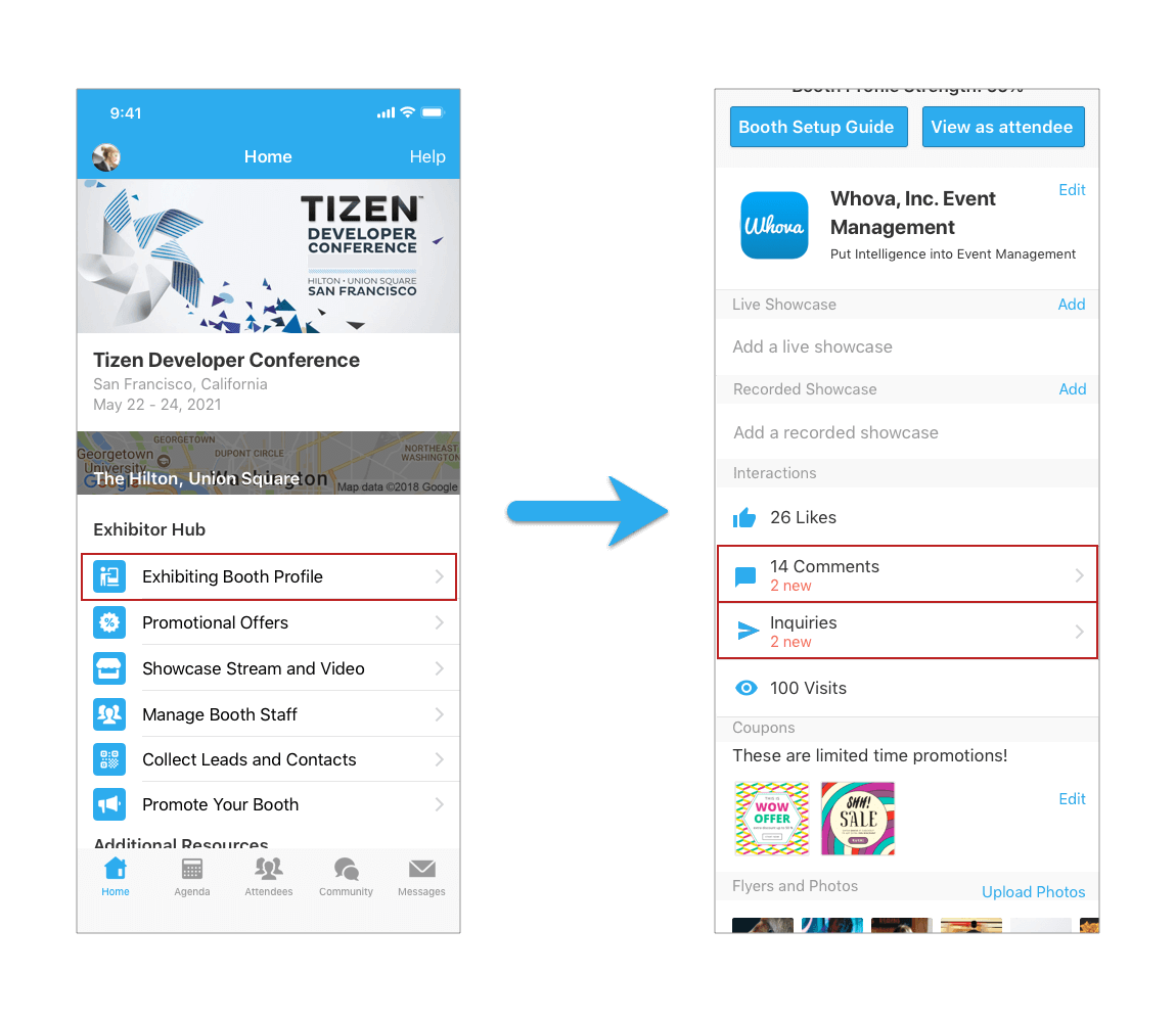 On mobile app, inside the booth profile, click Comments or Inquiries to chat