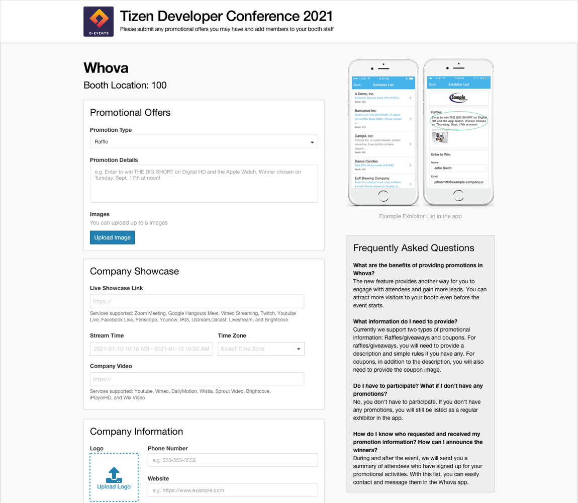 Exhibitor form page example