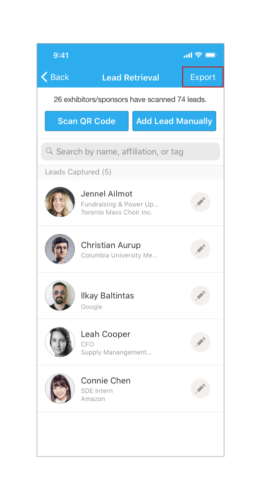 On mobile app, find Export button inside the Collect Leads Contacts page