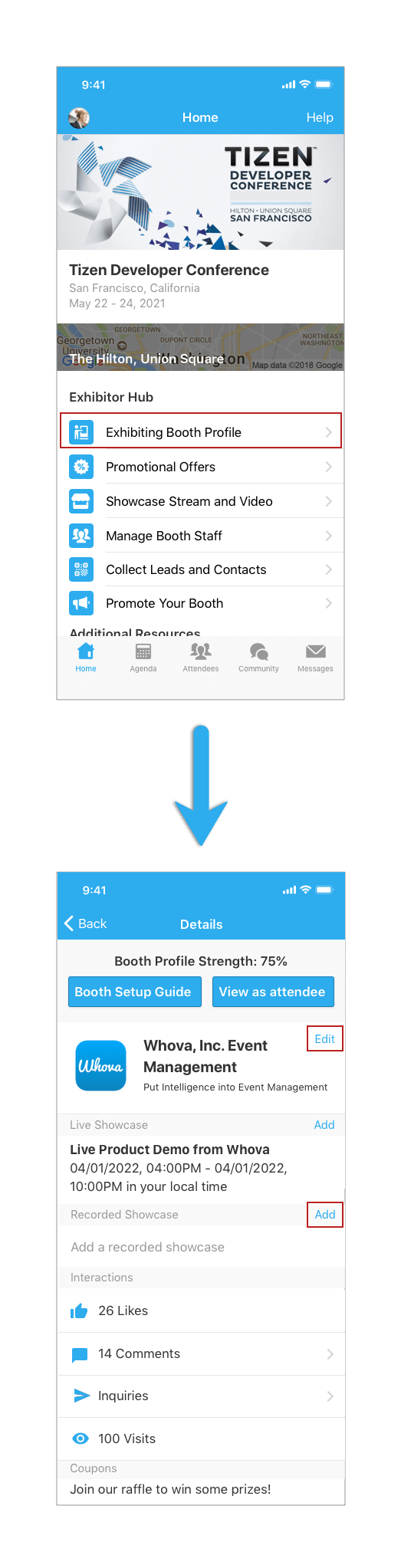 On mobile app, find the Exhibitor Booth Profile under the Exhibitor Hub in your event
