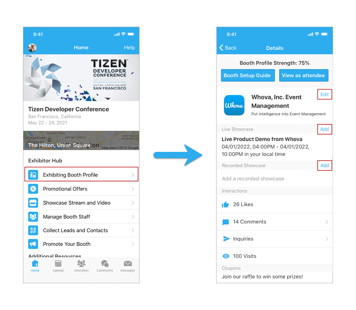 On mobile app, find the Exhibitor Booth Profile under the Exhibitor Hub in your event