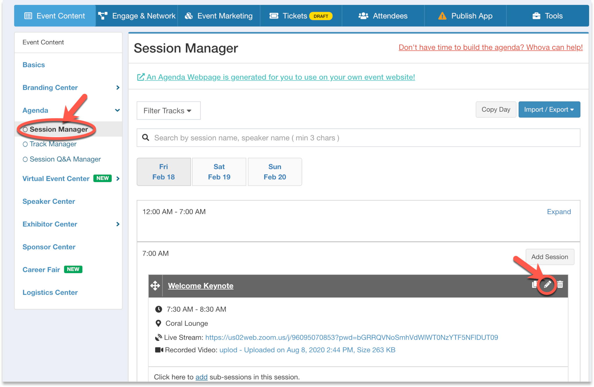 On organizer dashboard, find the agenda session and click Edit